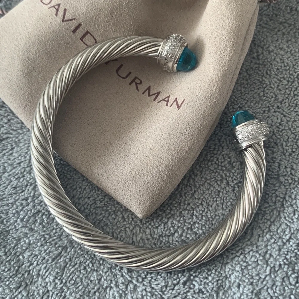 David Yurman Silver Cable Bracelet with Blue Topaz Terminals - Picture 4 of 10